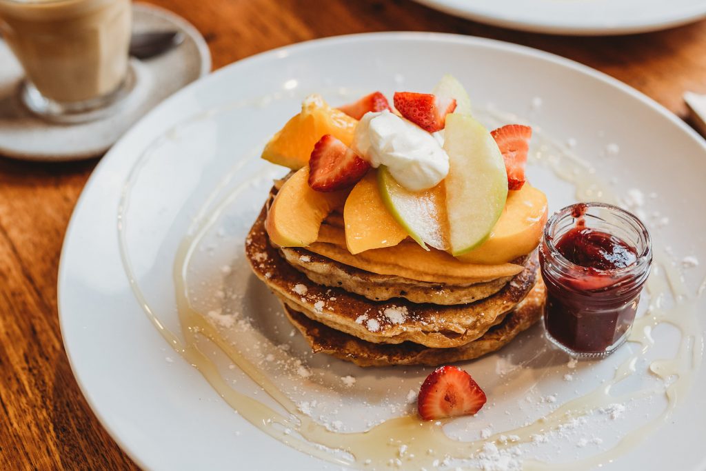 Canberra hotcakes with fresh fruit and whipped ricotta
